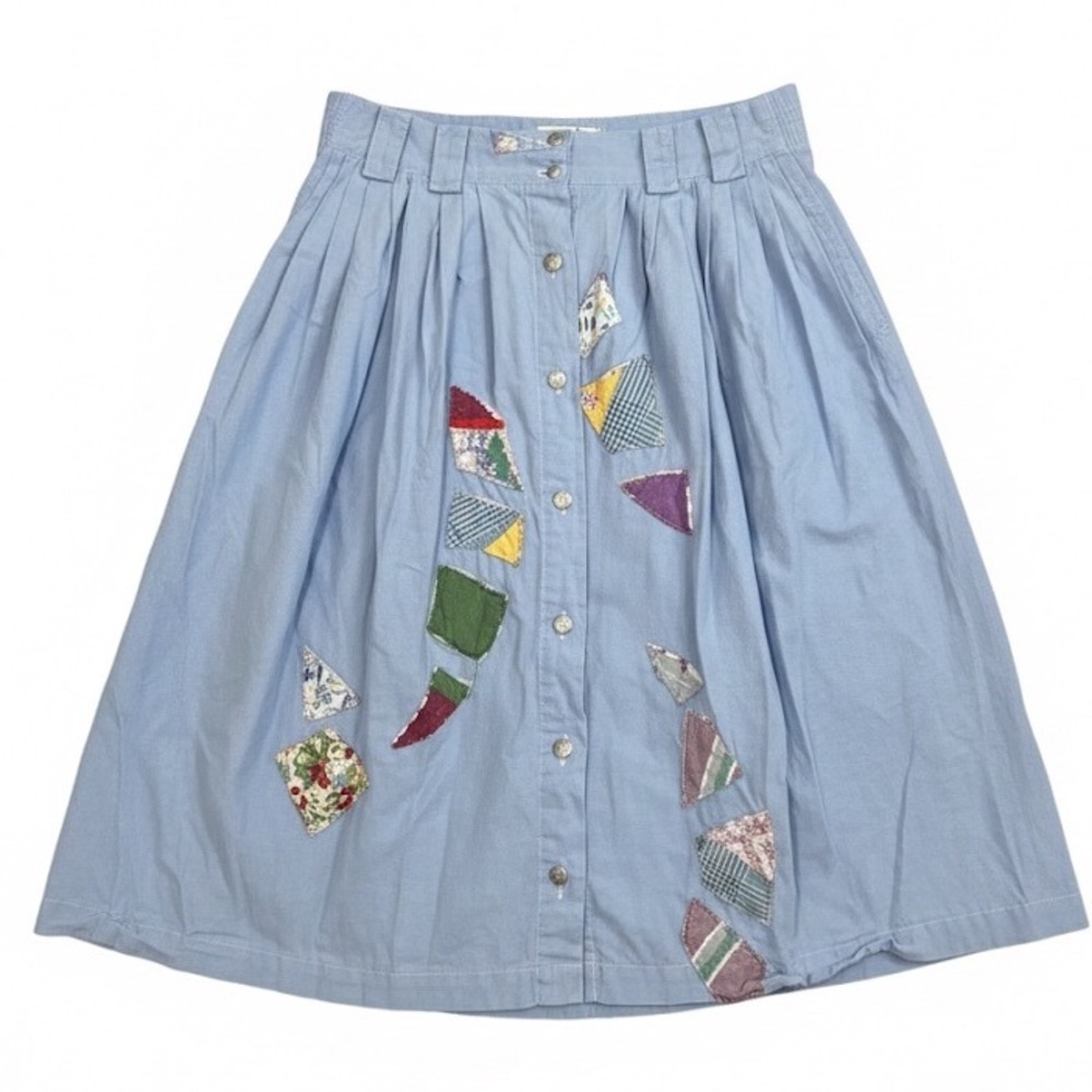 Capacity Vtg Light Wash Denim Patchwork Midi Skirt Sz L 80s Vibes Eclectic Retro